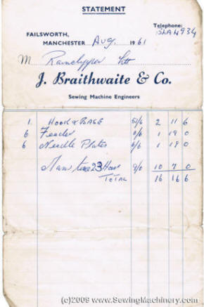 Braithwaite Invoice circa 1961